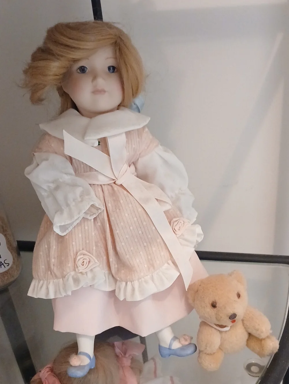 Franklin Mint Porcelain Doll in Pink and White Outfit with Tan Teddy Bear